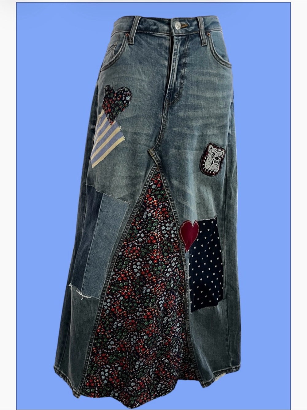 Refashioned jeans turned intoDenim Maxi Patchwork Skirt with Floral Panel - Blue